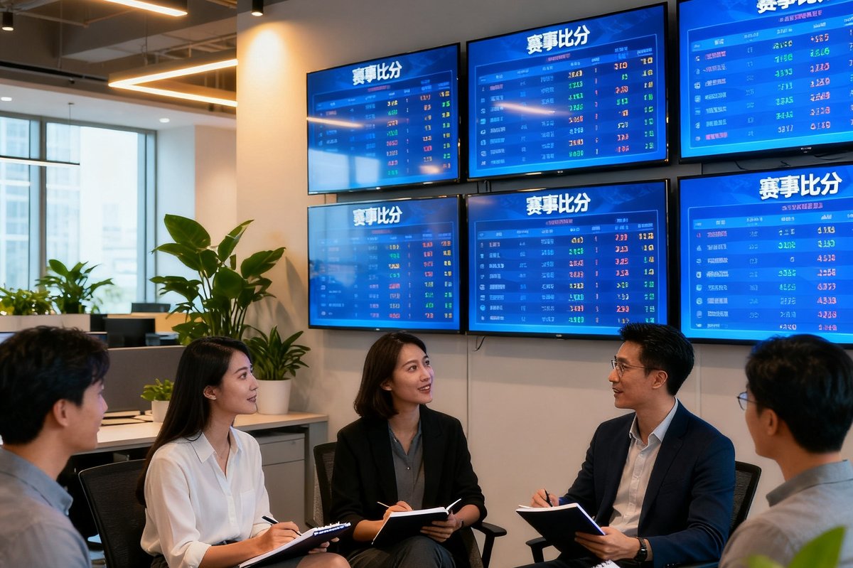 世界杯比分团队在开放式办公室讨论实时数据看板，墙上多个屏幕显示赛事比分
