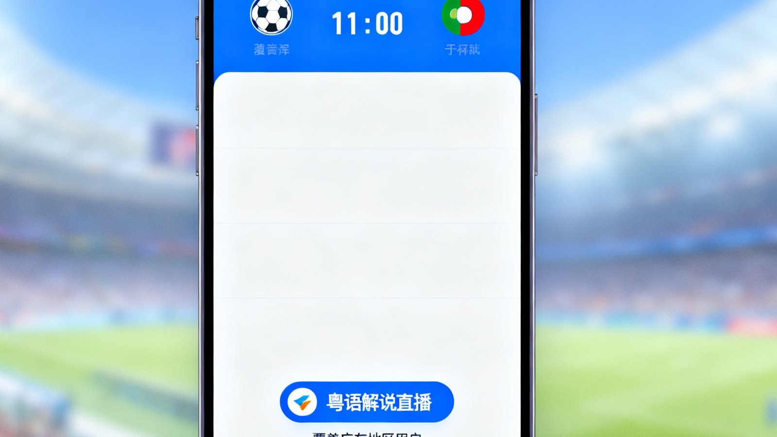 世界杯比分应用界面显示粤语解说直播选项，覆盖广东地区用户